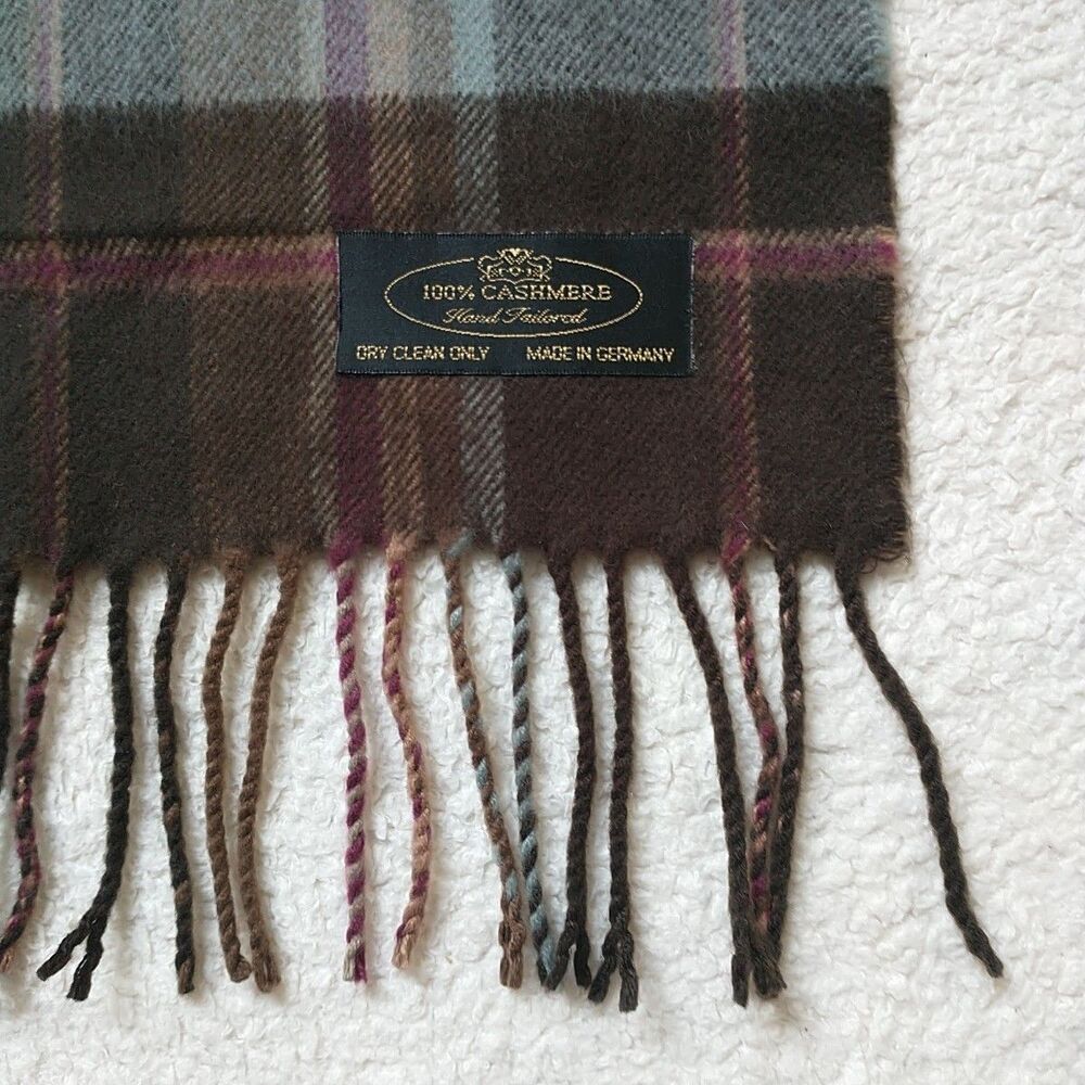 100% Cashmere Scarf Hand Tailored Brown Blue Plaid Fringe Rectangle  Germany 63" - Picture 5 of 7